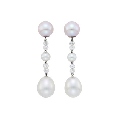 Lot 136 - Chaumet Paris Pair of White Gold, South Sea Cultured Pearl and Diamond Bead Pendant-Earrings