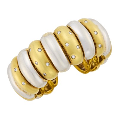Lot 1128 - Two-Color Gold and Diamond Cuff Bangle Bracelet