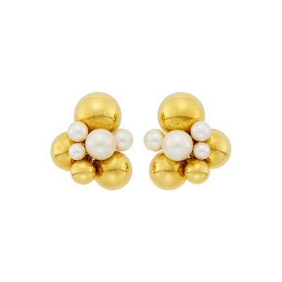 Lot 157 - Marina B. Pair of Gold and Cultured Pearl 'Atomo' Earclips, France