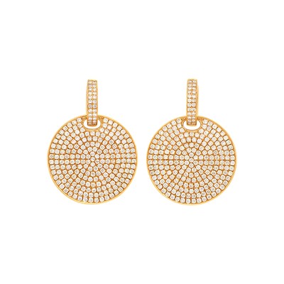Lot 1142 - Pair of Rose Gold and Diamond Disc Penant-Earrings