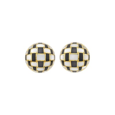 Lot 1169 - Tiffany & Co. Pair of Gold, Mother-of-Pearl and Black Jade Checkerboard Bombé Earrings