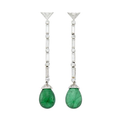Lot 185 - Pair of Platinum, Diamond  and Cabochon Emerald Pendant-Earrings