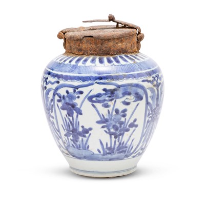 Lot 661 - A Chinese Blue and White Porcelain Jar and Iron Cover