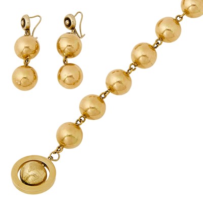 Lot 2039 - Gold Ball Bracelet with Globe Charm and Pair of Gold and Gilt-Metal Pendant-Earrings