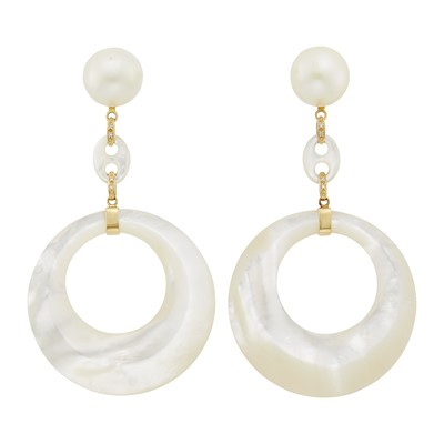Lot 1171 - Pair of Gold, Mabé Pearl and Mother-of-Pearl Hoop Pendant-Earrings
