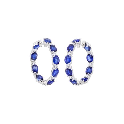 Lot 1054 - Pair of White Gold, Sapphire and Diamond Hoop Earrings
