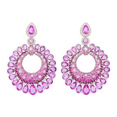 Lot 145 - Pair of White Gold, Pink Sapphire and Diamond Pendant-Earrings