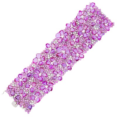 Lot 147 - Wide White Gold, Pink Sapphire and Diamond Bracelet