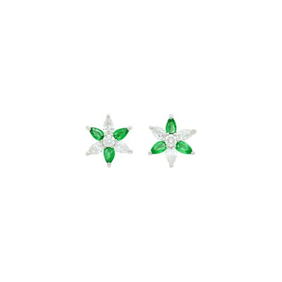 Lot 126 - Pair of Platinum, Emerald and Diamond Flower Earrings