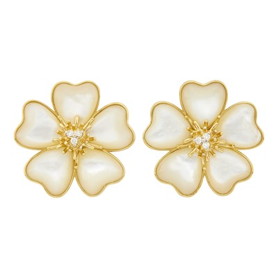 Lot 29 - Pair of Gold, Mother-of-Pearl and Diamond Earclips