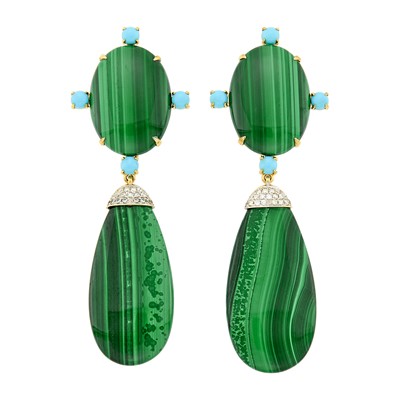 Lot 49 - Pair of Two-Color Gold, Malachite, Turquoise and Diamond Pendant-Earclips