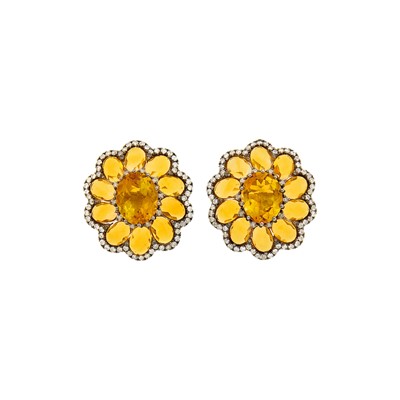 Lot 1130 - Pair of Two-Color Gold, Citrine and Diamond Flower Earrings