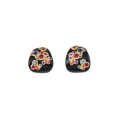 Lot 2161 - Pair of Gold, Black Onyx, Multicolored Sapphire and Diamond Earrings