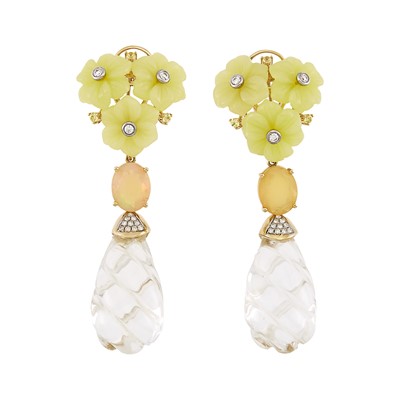 Lot 2194 - Pair of Gold, Carved Rock Crystal, Opal, Carved Hardstone, Yellow Sapphire and Diamond Pendant-Earclips