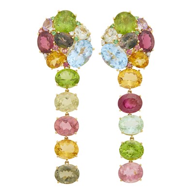 Lot 1105 - Pair of Gold, Colored Stone and Diamond Pendant-Earclips