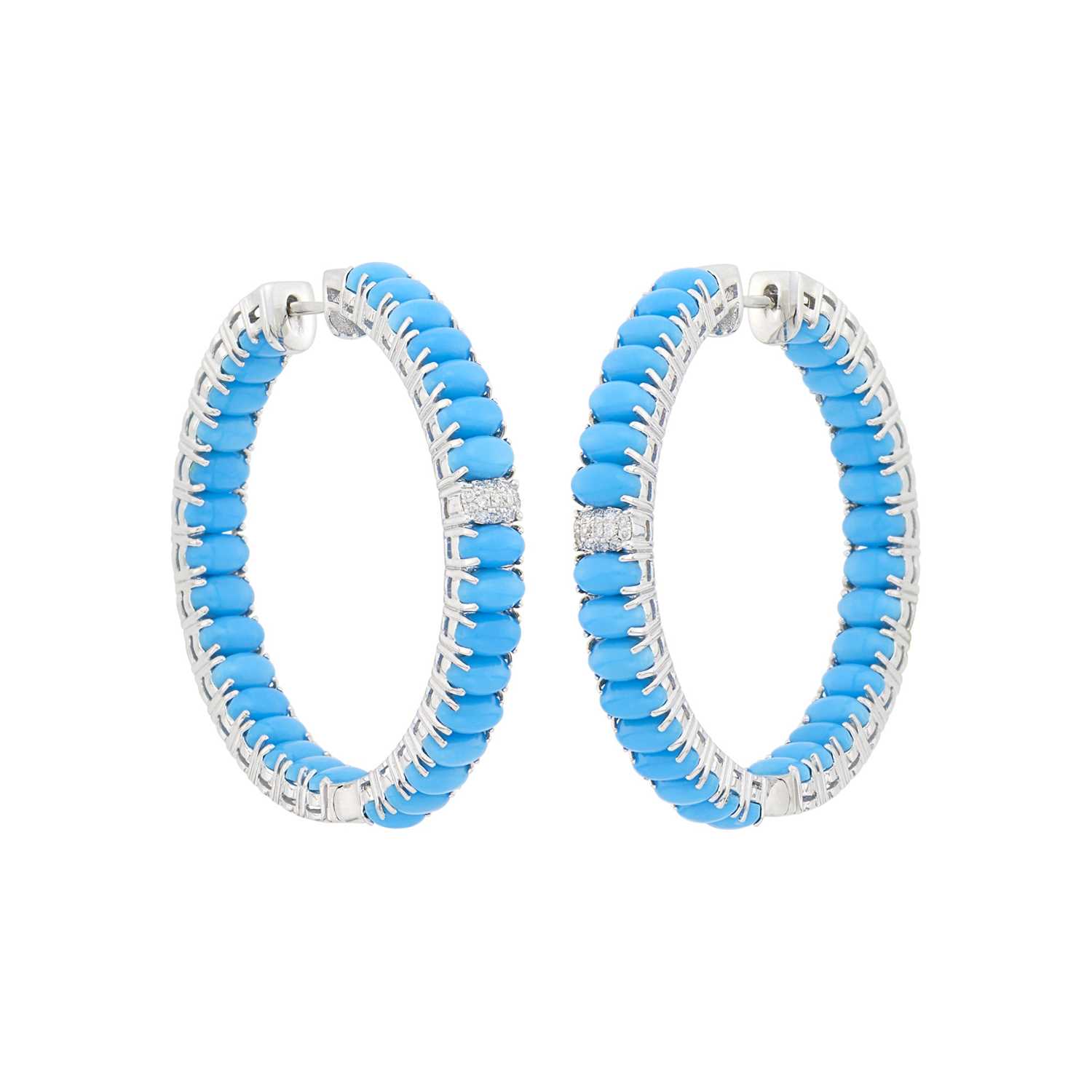 Lot 1165 - Pair of White Gold, Turquoise and Diamond Hoop Earrings