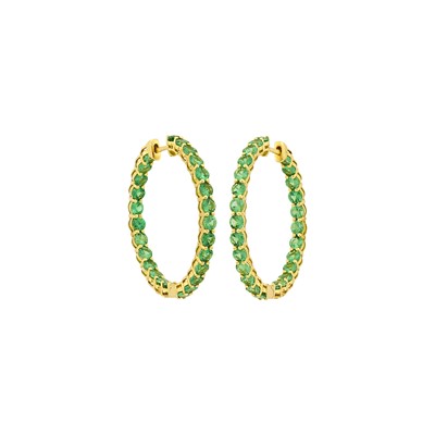 Lot 2013 - Pair of Gold and Tsavorite Garnet Hoop Earrings