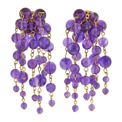 Lot 145 - Pair of Gold and Amethyst Bead Fringe Pendant-Earclips
