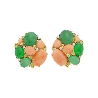 Lot 1158 - Pair of Gold, Angel Skin Coral, Green Onyx, Peridot and Diamond Cluster Earclips