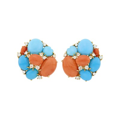 Lot 21 - Pair of Gold, Coral, Turquoise, Blue Topaz and Diamond Earclips