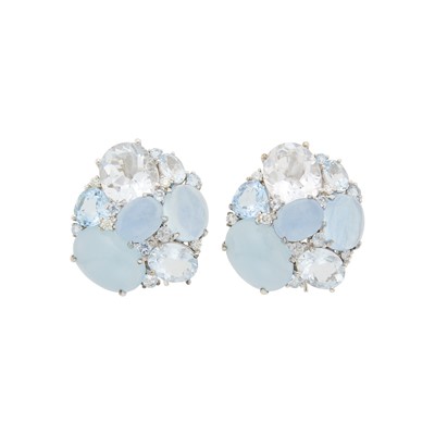 Lot 1051 - Pair of White Gold, Aquamarine, Topaz and Diamond Cluster Earclips