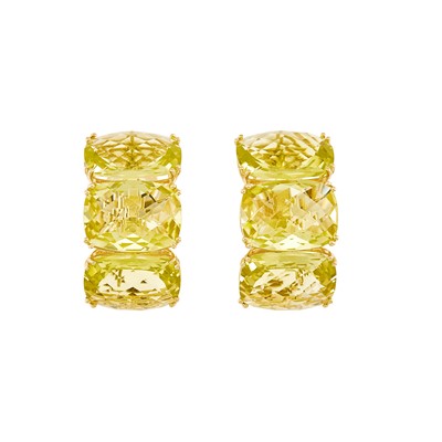 Lot 2159 - Pair of Gold and Lemon Quartz Earrings