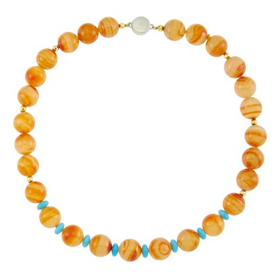 Lot 2190 - Agate Bead, Reconstituted Turquoise and Gold Bead Necklace with Silver Clasp