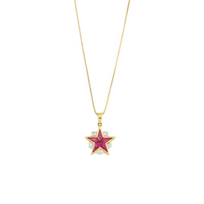 Lot 2180 - Gold, Ruby and Diamond Star Pendant with Chain Necklace