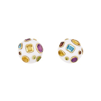 Lot 1024 - Pair of Gold, White Agate and Colored Stone Dome Earings