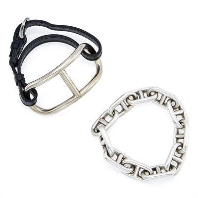Lot 2263 - Hermès Silver Bracelet and Leather Bracelet