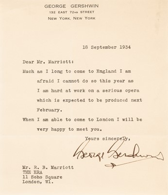 Lot A signed note from George Gershwin with reference to Porgy and Bess