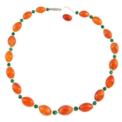 Lot 2238 - Carnelian, Jade and Rock Crystal Bead Necklace Fragment