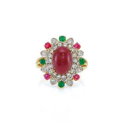 Lot 2136 - Gucci Two-Color Gold, Cabochon Ruby, Diamond and Gem-Set Ring