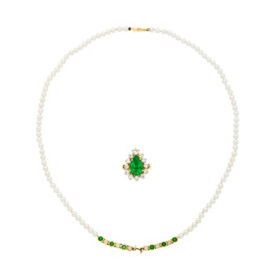 Lot 1141 - Gold, Emerald and Diamond Ring/Pendant and Cultured Pearl Pendant-Necklace