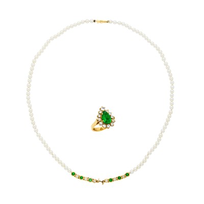 Lot 1141 - Gold, Emerald and Diamond Ring/Pendant and Cultured Pearl Pendant-Necklace