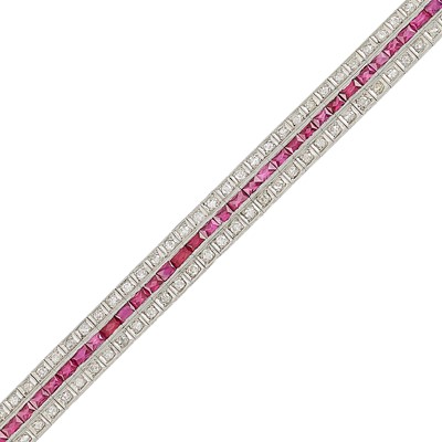 Lot 2092 - Platinum, Synthetic Ruby and Diamond Straightline Bracelet
