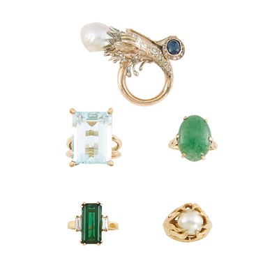 Lot 2246 - Four Gold, Cultured Pearl and Colored Stone Rings and Baroque Pearl Pin