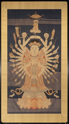 Lot 103 - A Rare Chinese Kesi Silk Panel depicting a Multi-Armed Bodhisattva