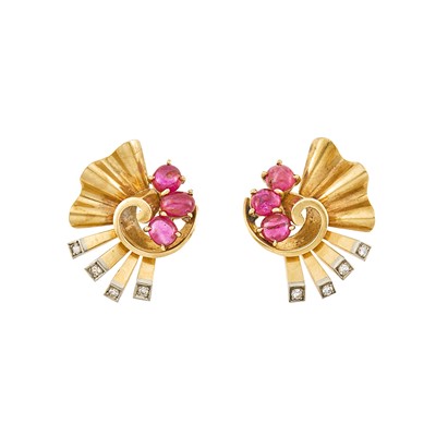 Lot 2120 - Pair of Gold, Platinum, Cabochon Ruby and Diamond Earrings