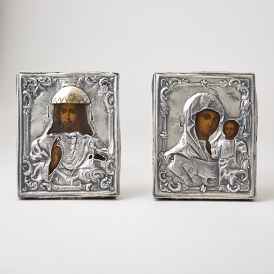 Lot 647 - Two Russian Silver Icons of Christ Pantocrator and the Mother of God of Kazan