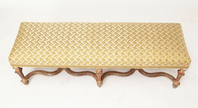 Lot 435 - Continental Grained, Green-Painted, and Parcel-Gilt Long Bench