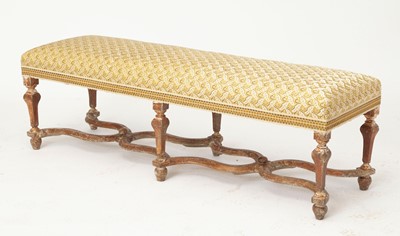 Lot 435 - Continental Grained, Green-Painted, and Parcel-Gilt Long Bench