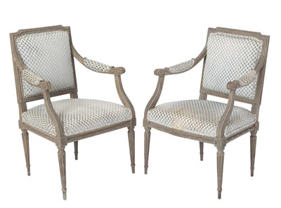 Lot 364 - Pair of Louis XVI Upholstered Painted Fauteuils