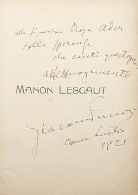 Lot 586 - An inscribed copy of Puccini's Manon Lescaut to one of his last loves