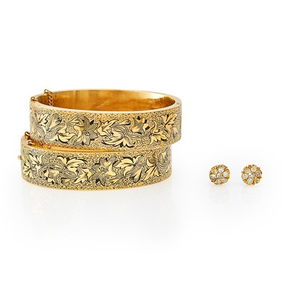 Lot 2043 - Pair of Gold and Diamond Floret Stud Earrings and Pair of Gold-Filled Bangle Bracelets