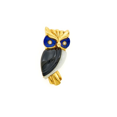Lot 1037 - Gold, Hardstone and Diamond Owl Clip-Brooch