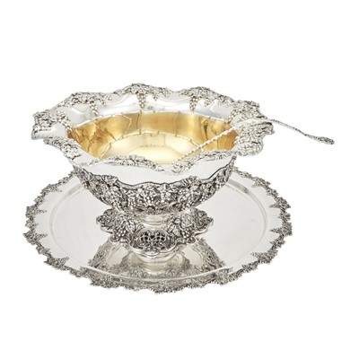 Lot 163 - California Interest: Shreve & Co. Sterling Silver and Parcel Gilt Punch Bowl, Stand and Ladle