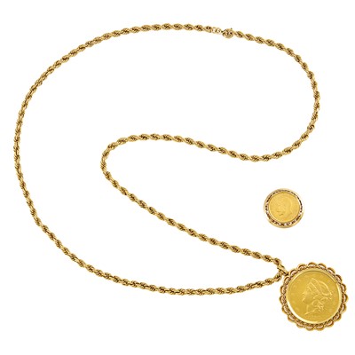 Lot 2216 - Gold and Gold Coin Pendant with Long Chain Necklace and Ring