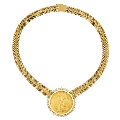 Lot 2116 - Gold, Diamond and Gold Coin Pendant-Necklace