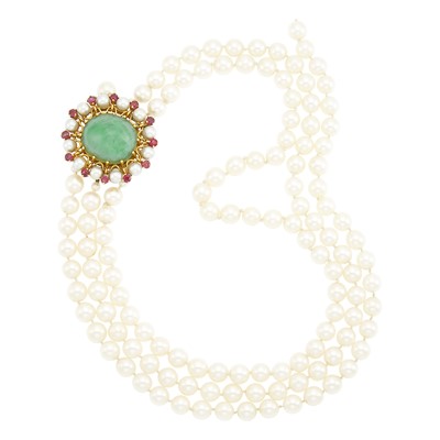 Lot 2119 - Triple Strand Cultured Pearl Necklace with Gold, Cabochon Emerald, Cultured Pearl and Ruby Clasp